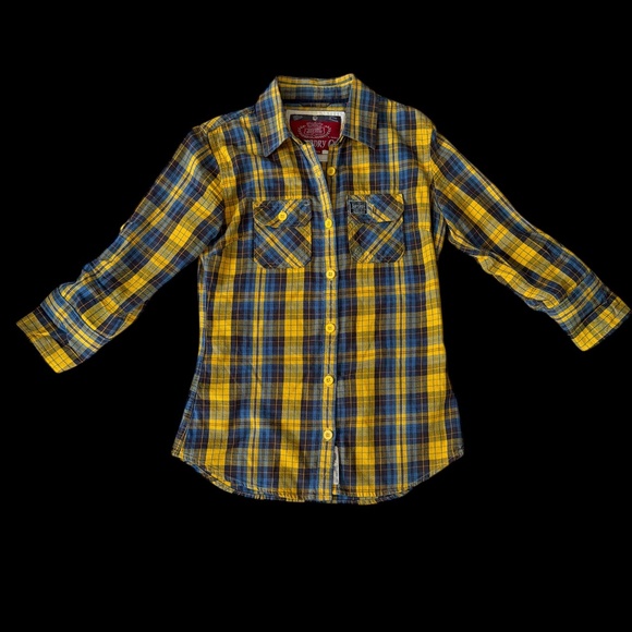 Superdry Yellow Plaid Lumberjack Shirt - Medium Mens Slim Fit - Picture 2 of 8